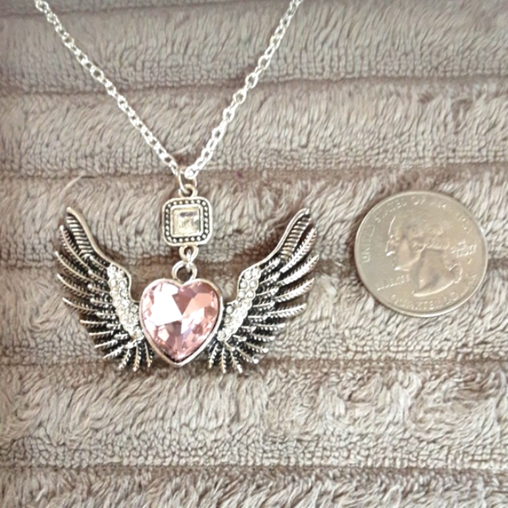 Handmade Heart With Wings Necklace Pale Pink 23" Chain - Picture 4 of 4